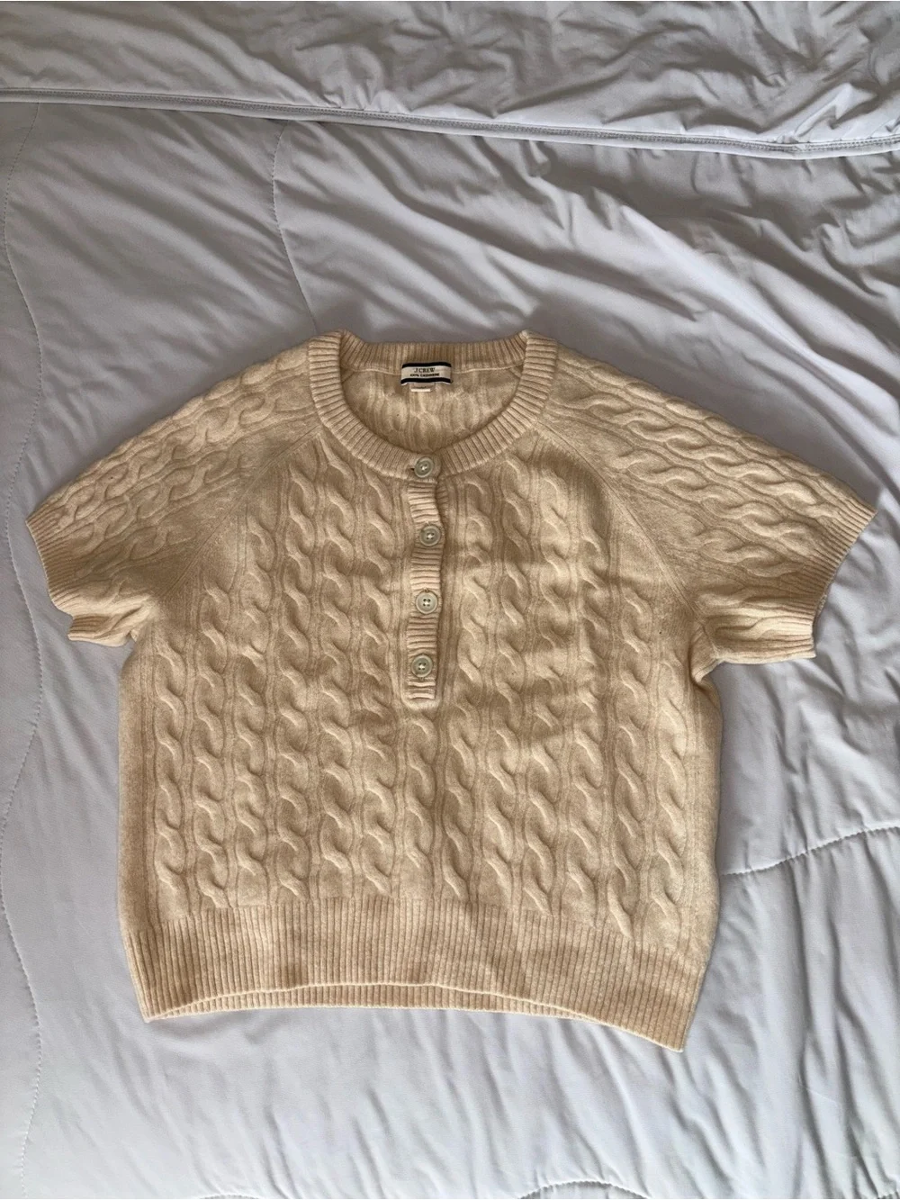 J. Crew Cream Cable Knit Short Sleeve Cashmere Sweater